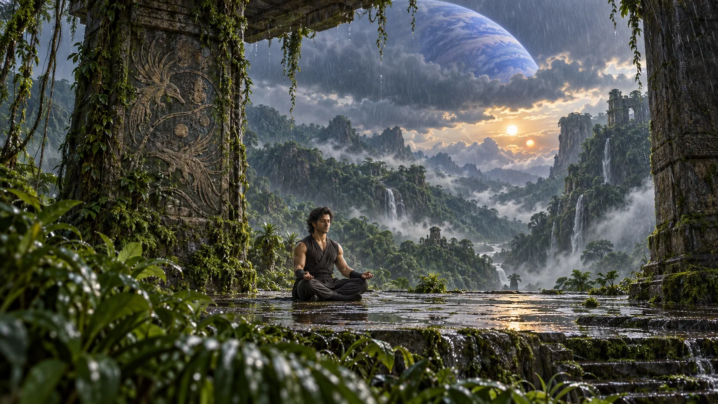 The moon, temperate rainy climate, breathable air, green organisms, waterfalls, stone pavilion, artwork and human presence are fictional. Kepler-16 b receives relatively weak stellar irradiation; this lush climate is not a climate prediction or a consequence of its measured orbit. The giant’s blue clouds, apparent size, phase, sky position and the stellar separation are artistic. No moon stability or sky-geometry calculation is claimed.