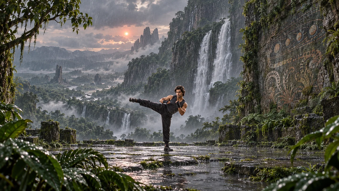 All vegetation, liquid water, rain, waterfalls, geology, atmosphere, architecture, wall art and human presence are imagined. A habitable-zone designation is not evidence for habitation or a breathable atmosphere. Green pigments, the star’s color, weather, apparent sky geometry and illumination are artistic; this is not a calibrated climate or sky simulation.