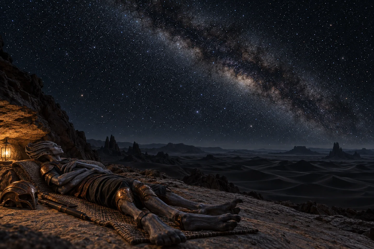 The nocturnal ridge and sky are invented. Radius alone does not establish atmospheric retention, surface gravity, climate or the particular terrain depicted.