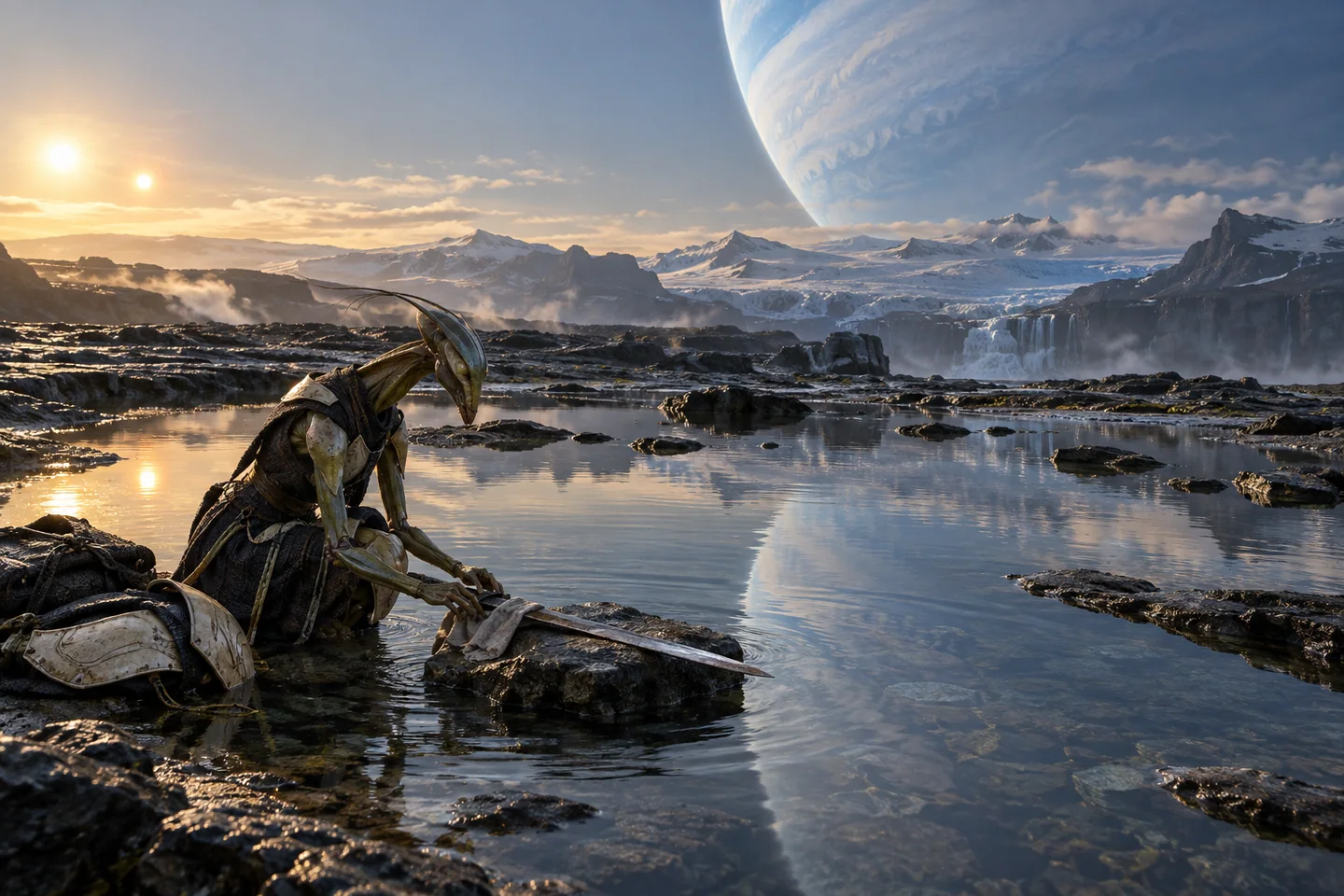 The atmospheric moon is fictional. Its landscape and visibility of the parent planet are illustrative choices rather than evidence of a detected satellite.