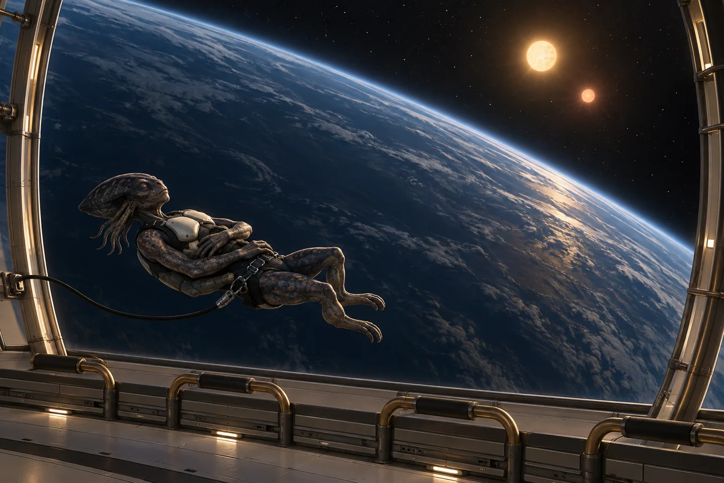 The free-fall orbital habitat is invented. The illustration does not establish artificial gravity, a particular station orbit or a calibrated appearance of both stars.