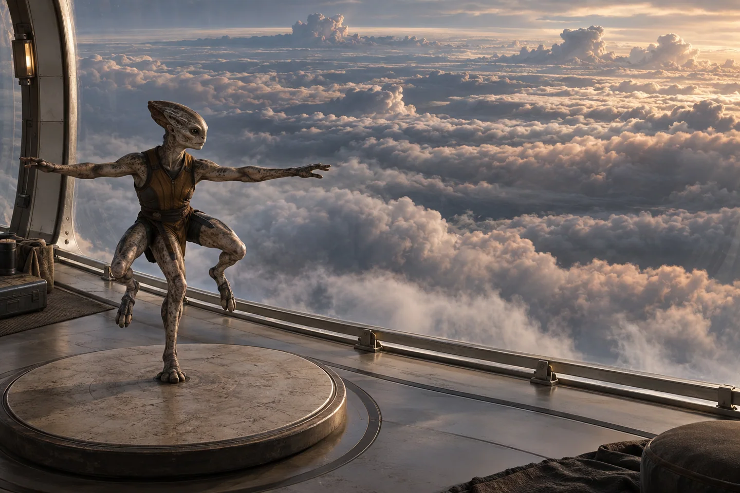 The panorama imagines an atmospheric vantage. Its visible colors, local weather, altitude and enclosing structure are fictional. The real giant should not be treated as an exposed rocky landscape at the level of its cloud tops.