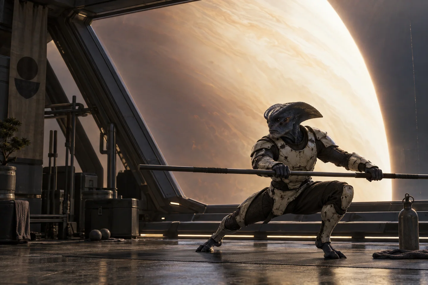 The pale glowing limb is viewed through an invented protective window. Its filtering and exposure mean that the palette is not a naked-eye color prediction. No ordinary surface, habitable atmosphere or feasible shelter is established by the illustration.