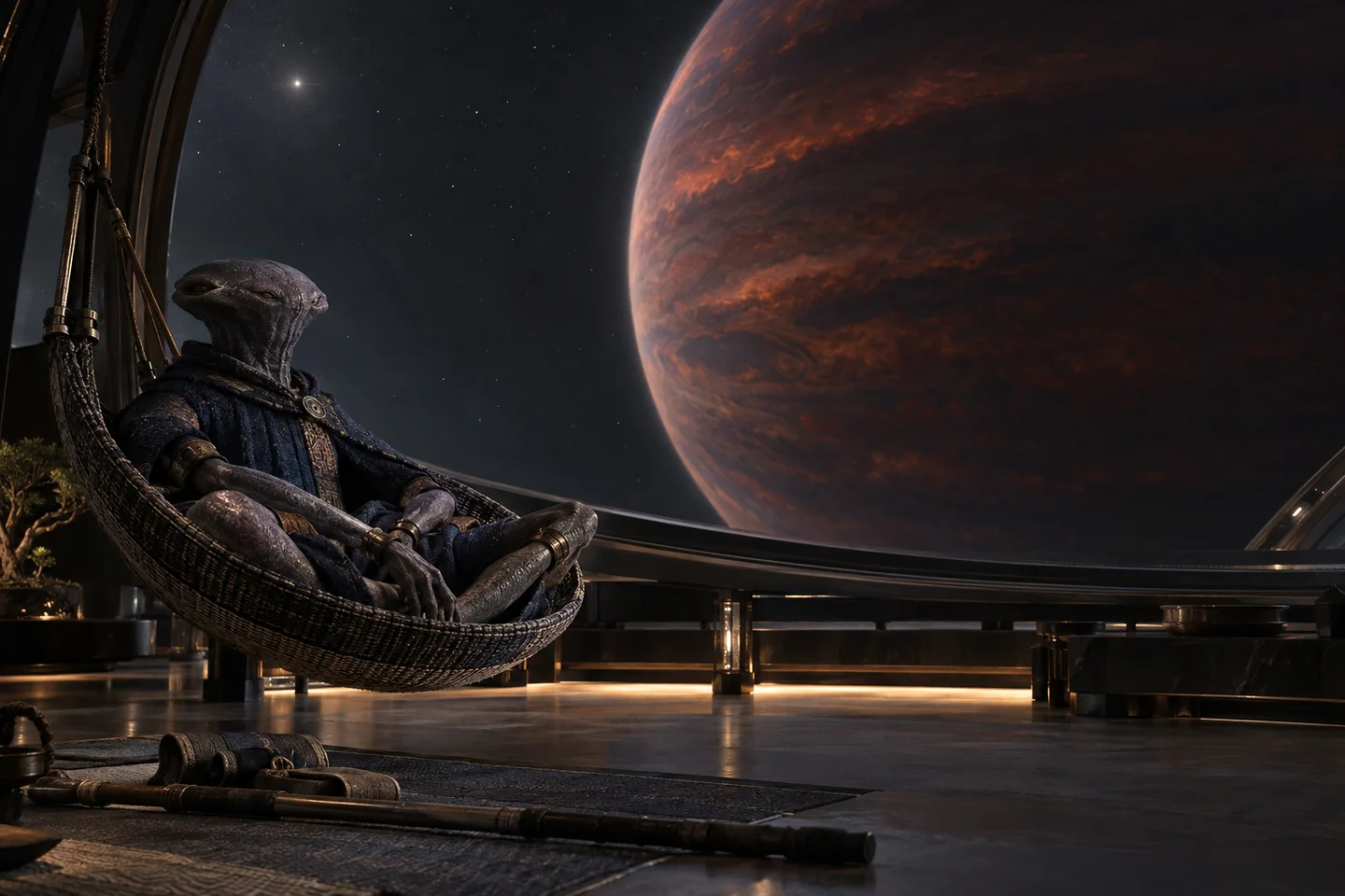 The nearby observatory and broad ember-colored disk are fictional. The very small stellar point expresses a wide-orbit setting, but the artwork is neither an infrared detector image nor a calibrated visible-light view.