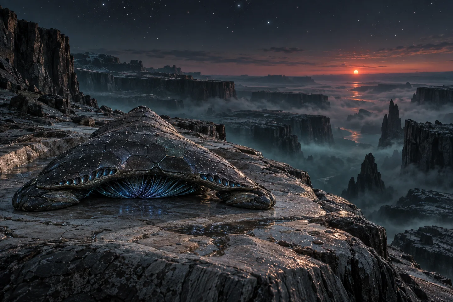 The high plateau, mist and sunset are fictional local scenery. Their scale and colors are artistic choices; the stellar-motion measurements do not supply a map of this world.