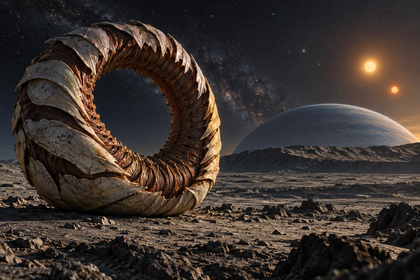This scene places the viewpoint on an invented moon. No such moon is established by these sources. The nearby planetary disk, paired suns, shadows and rocky terrain form an illustrative arrangement, not a reconstructed view at a calculated observing date.
