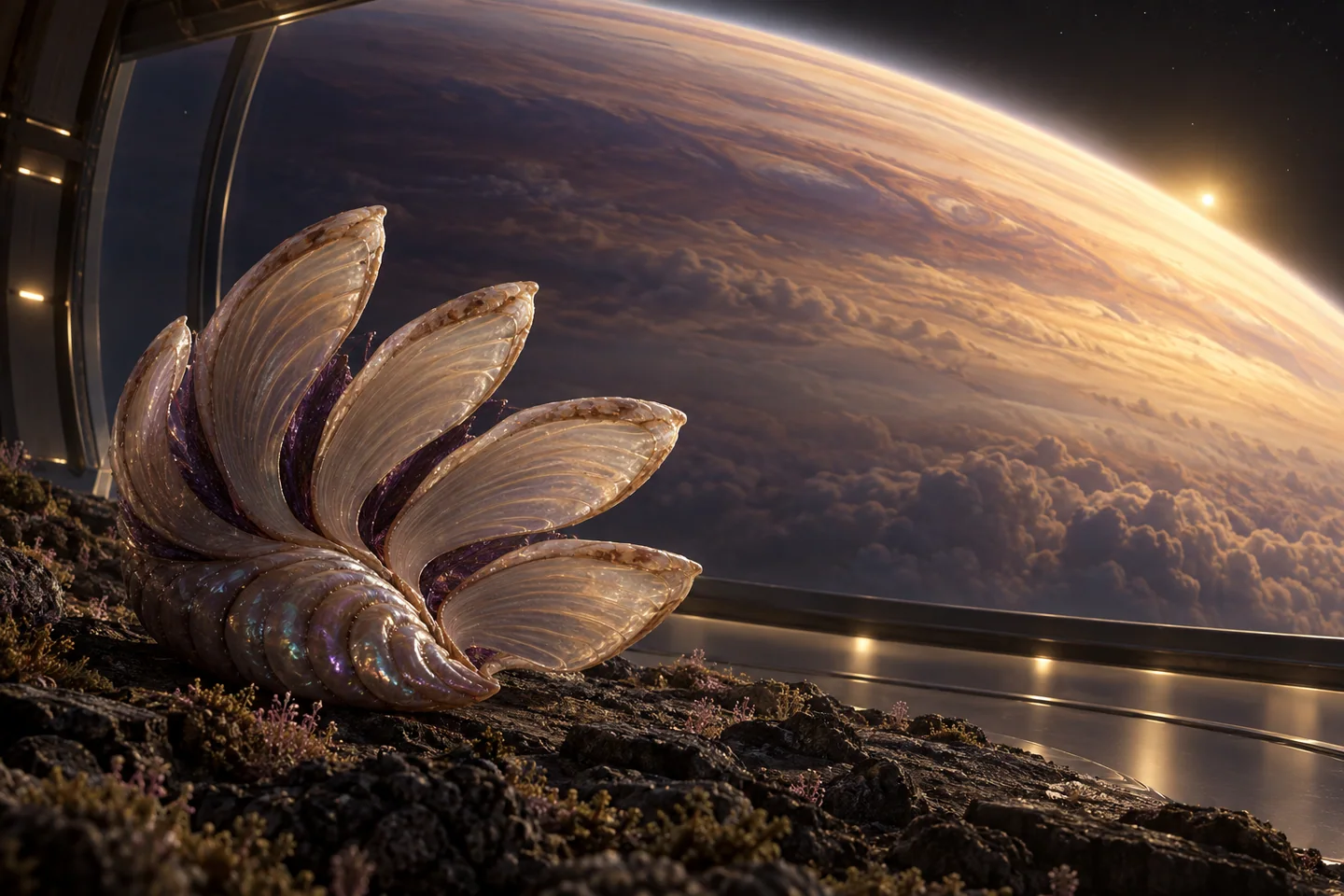 The scene therefore uses a fictional protected observatory. Its foreground mineral surfaces belong to that invented structure; the cloud globe’s visible colors and texture are an artistic rendering of an unresolved atmosphere.