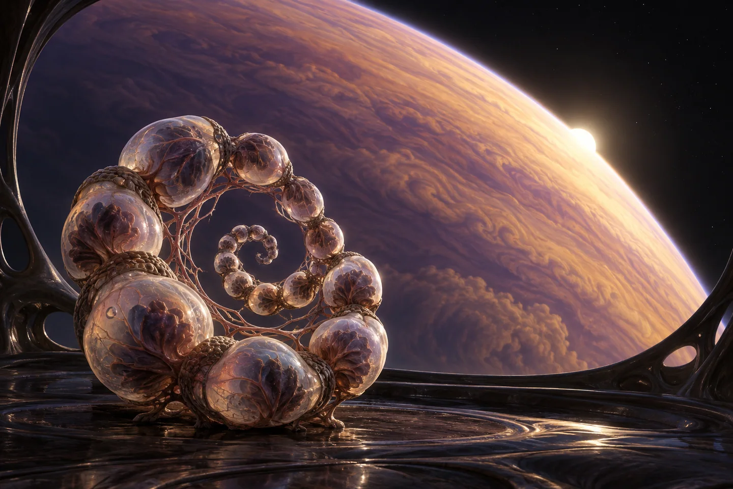 The crescent, cloud bands and orbital chamber are illustrative. Their colors and spatial detail are not resolved by the transmission spectrum, and the habitat is a fictional place from which to view the planetary limb.