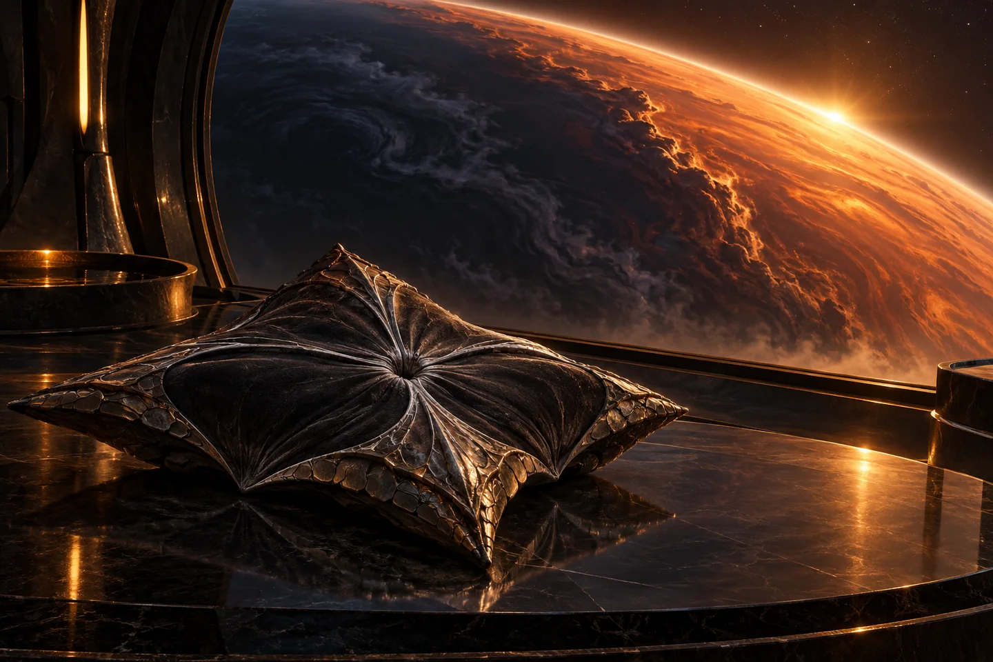 The illustration shows a fictional shielded viewpoint over the day–night boundary. The copper glow represents an artistic atmosphere, not molten ground. Neither the cloud pattern nor the safety of the imagined habitat follows from the observations.