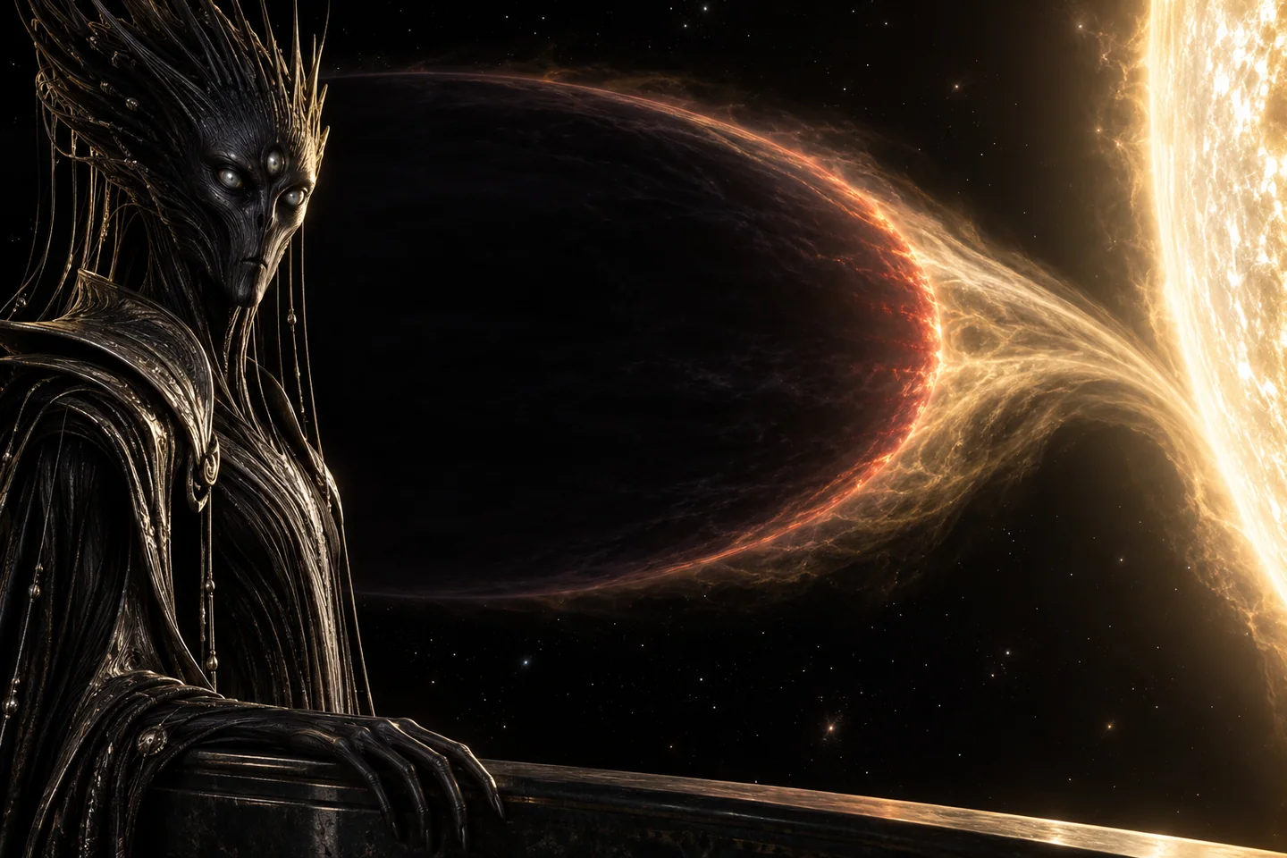 The elongated dark planet and luminous gas bridge interpret tidal deformation and atmospheric escape. The elongation, separation, stream brightness and color are exaggerated for legibility rather than fitted to an observing epoch. This is not a resolved photograph. The observer, shielding and humanoid are fictional.