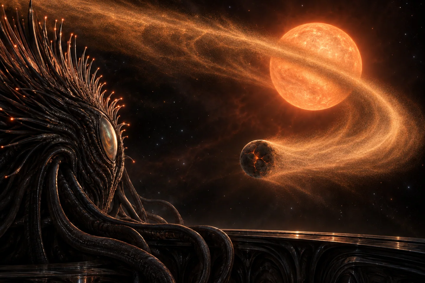 The surviving body, copper dust arc and stellar occultation illustrate the disintegration interpretation. Dust color, structure and angular extent are not measured images. The illuminated dust is not a jet of fire or a procession of resolved boulders. The creature and protected viewpoint are fictional.