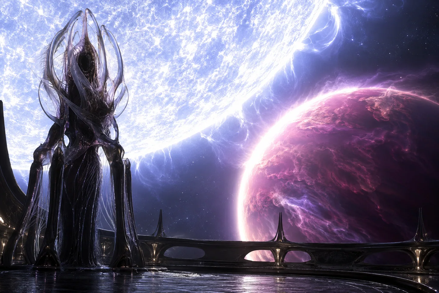 The immense hot host and the planet’s luminous atmosphere illustrate extreme irradiation. White, violet and rose tones are filtered artistic colors, not a naked-eye prediction. Molecular dissociation cannot be seen as individual molecules at this scale. The enclosure and organism are entirely fictional. Stellar texture and prominence-like filaments are illustrative, not observed structures.