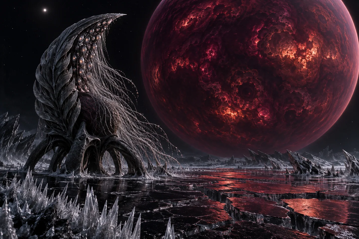 The planet’s self-luminosity is translated from infrared into visible rose and wine tones. The patchy atmospheric texture is imagined and deliberately differs from Jupiter’s familiar bands. This is not a calibrated human-eye sky. The satellite, ice, organism and its survival are fictional.
