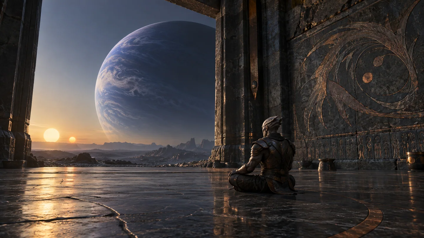 The basalt hall, solid moon, warrior, mural and atmosphere are invented. Kepler-16 b is a gas giant, not the rocky foreground. The two suns represent its real binary hosts; their separation, sizes, orbital phase and illumination are not calculated for a particular date. The indigo clouds are an artistic interpretation, not mapped weather.