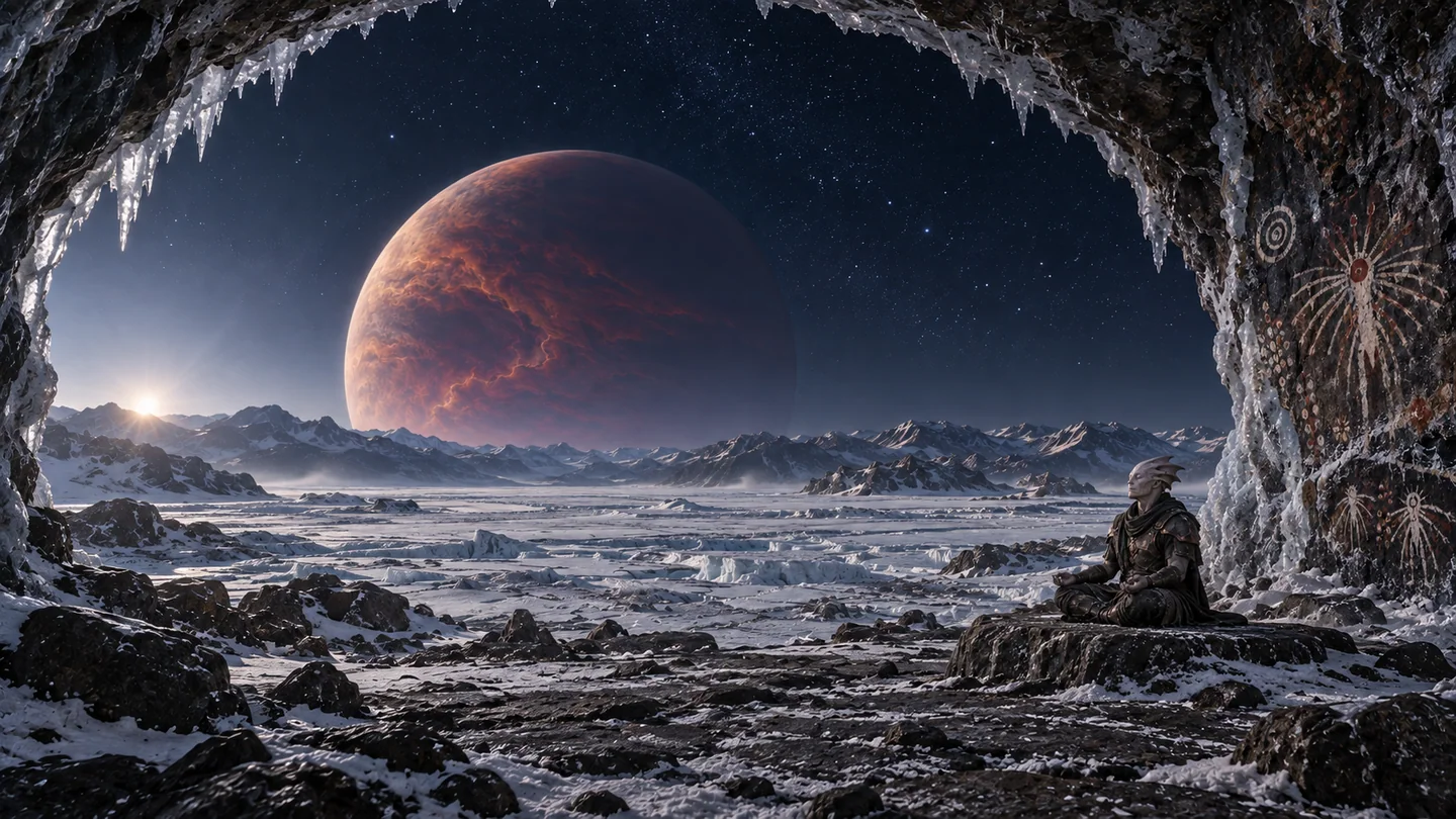The icy moon, atmosphere, open cave, warrior and mineral artwork are fictional. HR 8799 e is a young gas giant, not the solid ice beneath the observer. The planet's ember and violet palette translates its thermal character into visible art, rather than predicting its true naked-eye color. Clouds, illumination, angular scale and satellite stability are not modeled.