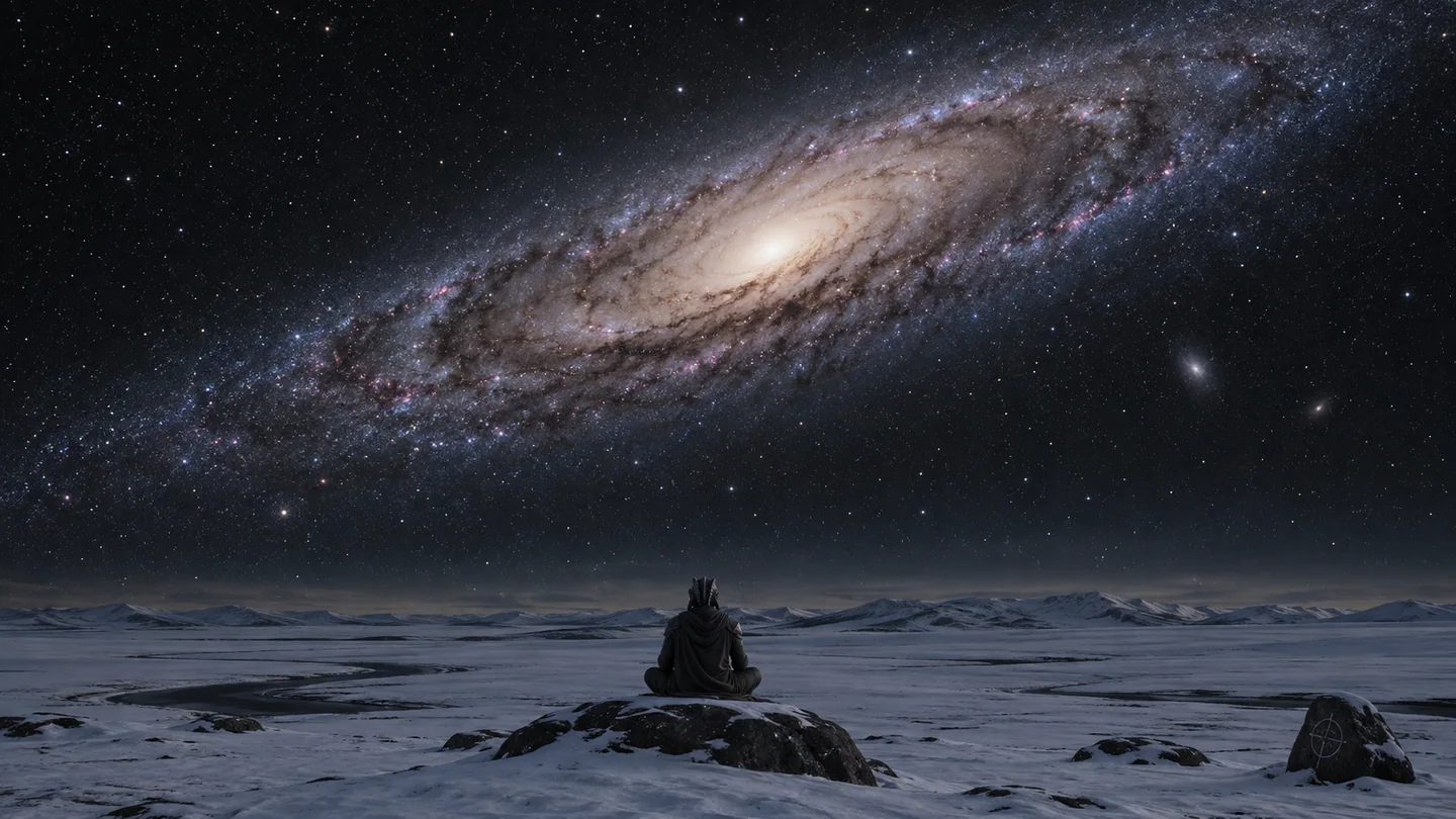 The planet, local star, snow plain, atmosphere, warrior and viewing location are entirely fictional. No confirmed exoplanet or real host assignment is claimed. Andromeda supplies the observed galactic structure; the sky is imagined from a nearby halo viewpoint, not from Earth or a nearby Milky Way exoplanet. Inclination, angular extent, exposure and detailed morphology are illustrative. It is excluded from the real exoplanet host map.