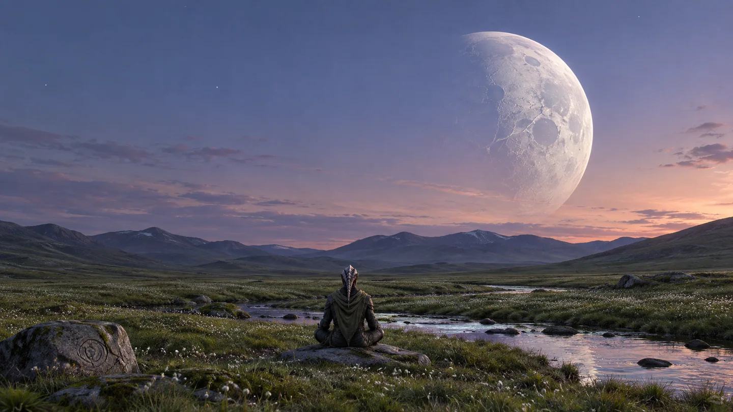The meadow, vegetation, sky, atmosphere, moon and being are fictional. The planet's radius comes from transit measurements; the landscape does not establish a composition or climate. The large pale satellite has no observational confirmation or tested orbit.