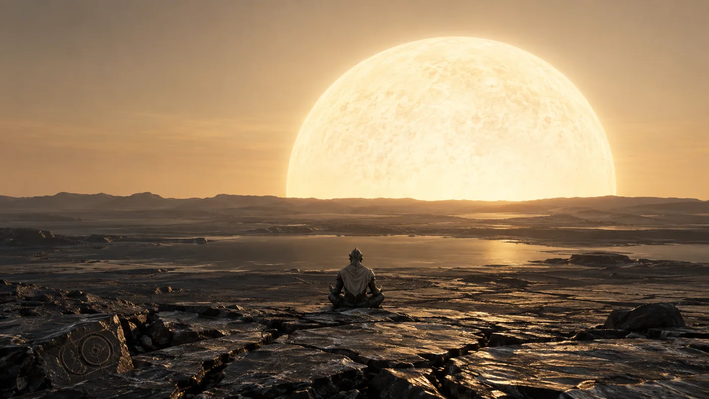 The ground texture, placid glasslike basin, atmospheric haze and being are invented. The real close orbit motivates a very large stellar disk, but this image is not a surface-weather or thermal simulation. No comfortable climate or human survival is implied. The quiet pose and environment do not change the system's extreme irradiation.