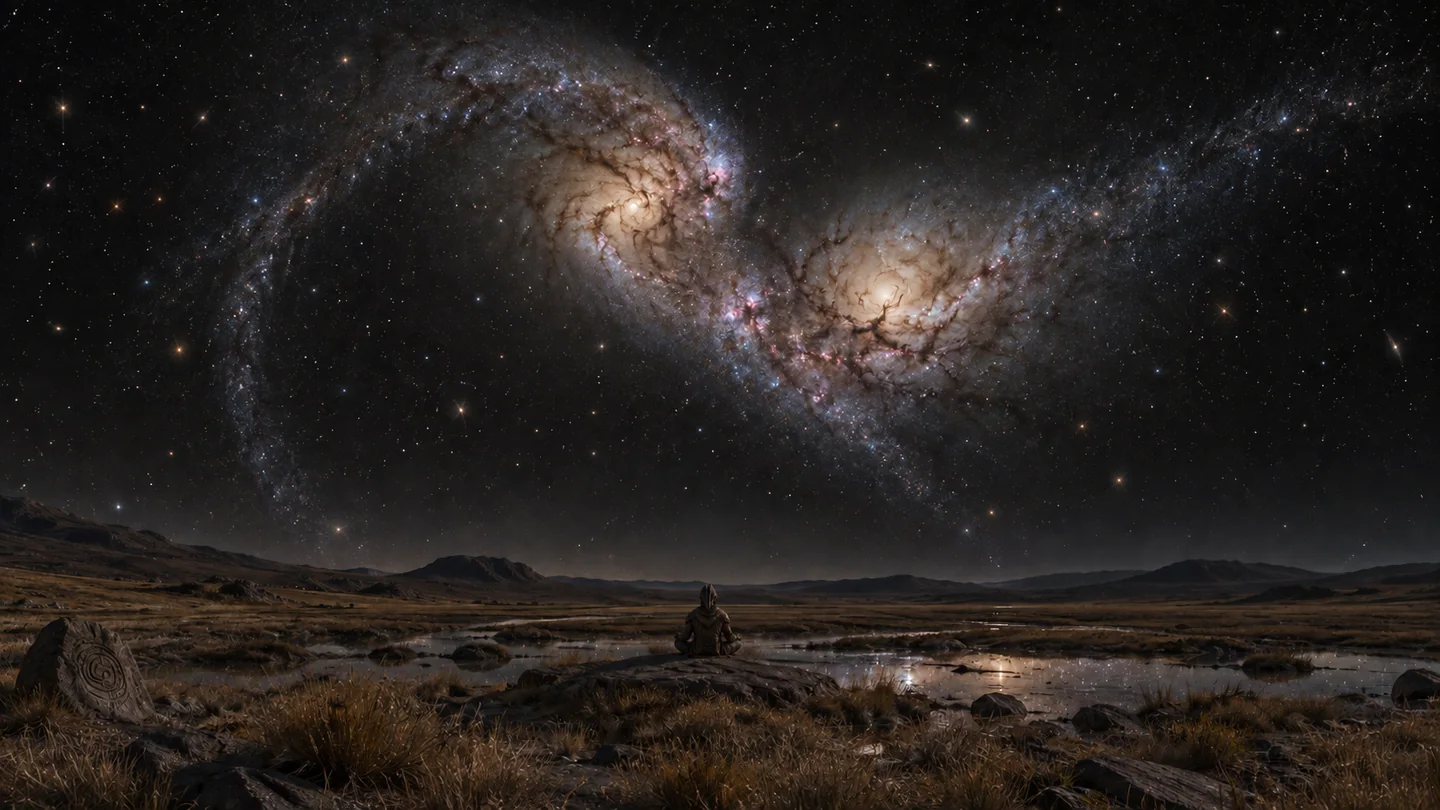 The world, local host star, meadow, atmosphere, warrior and observer position are fictional. NGC 4038 and NGC 4039 are the real astronomical references; there is no confirmed planet or exoplanet-map assignment here. The pair's apparent scale, projection and diffuse brightness are illustrative. Galaxy interaction proceeds over immense timescales; the scene does not depict an instantaneous explosion.