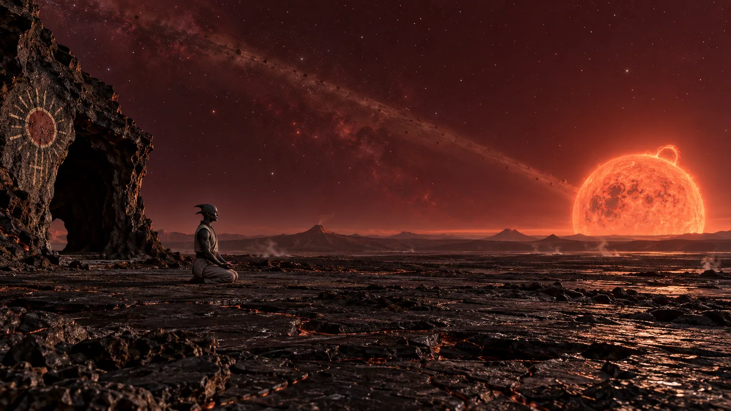 The moon and its stability are unverified. Ground, warrior, cave art, exposed survival and local weather are invented. Stellar scale, visible prominence, reddish exposure, rendered individual debris pieces and simultaneous star visibility are exaggerated. This serene pose does not imply benign irradiation or a habitable climate.