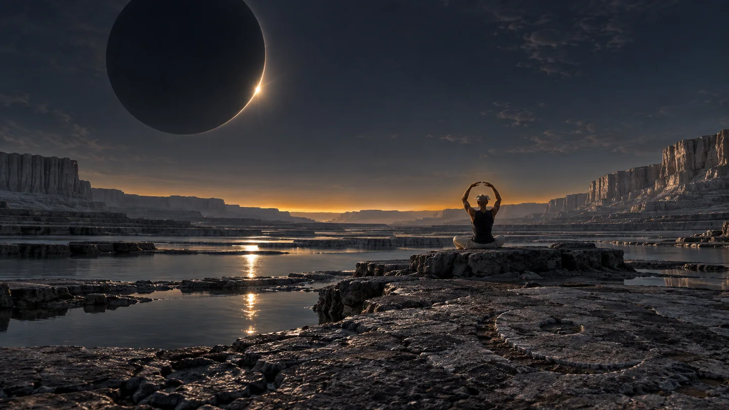 The satellite, orbit, limestone terraces, pools, atmosphere and warrior are invented. The giant's angular diameter, occultation timing, illuminated rim and exposure are not calculated from a dynamical model. The small star emerging at the limb is an artistic configuration; this is not a forecast of an eclipse.