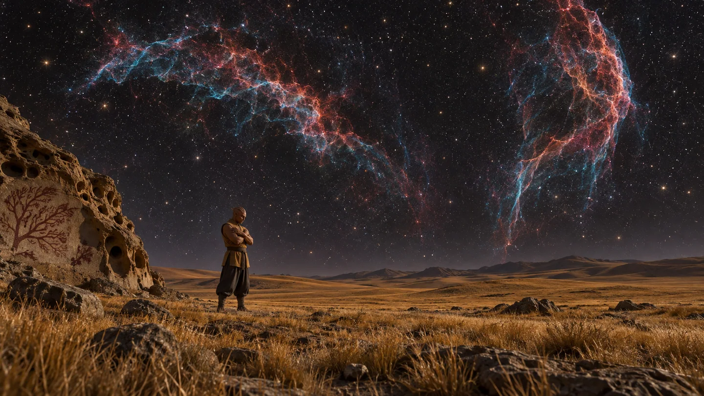Sere, its host star, location, atmosphere, vegetation, shelter and being are fictional. Remnant projection, color, angular scale and brightness have been enhanced for the composition. No claims are made about a real nearby planet's survival, radiation environment or habitability.