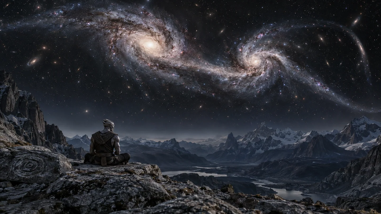 Eshara and its inhabitants are invented. The Antennae are a morphological reference, not a host assignment or a reconstruction of their present appearance. A galaxy pair spanning roughly 100,000 light-years at 150,000 light-years would span about 37 degrees; those are illustrative scale choices, not measured parameters for this world. Diffuse galaxy detail is presented with long-exposure photographic sensitivity; moving closer does not by itself increase surface brightness.