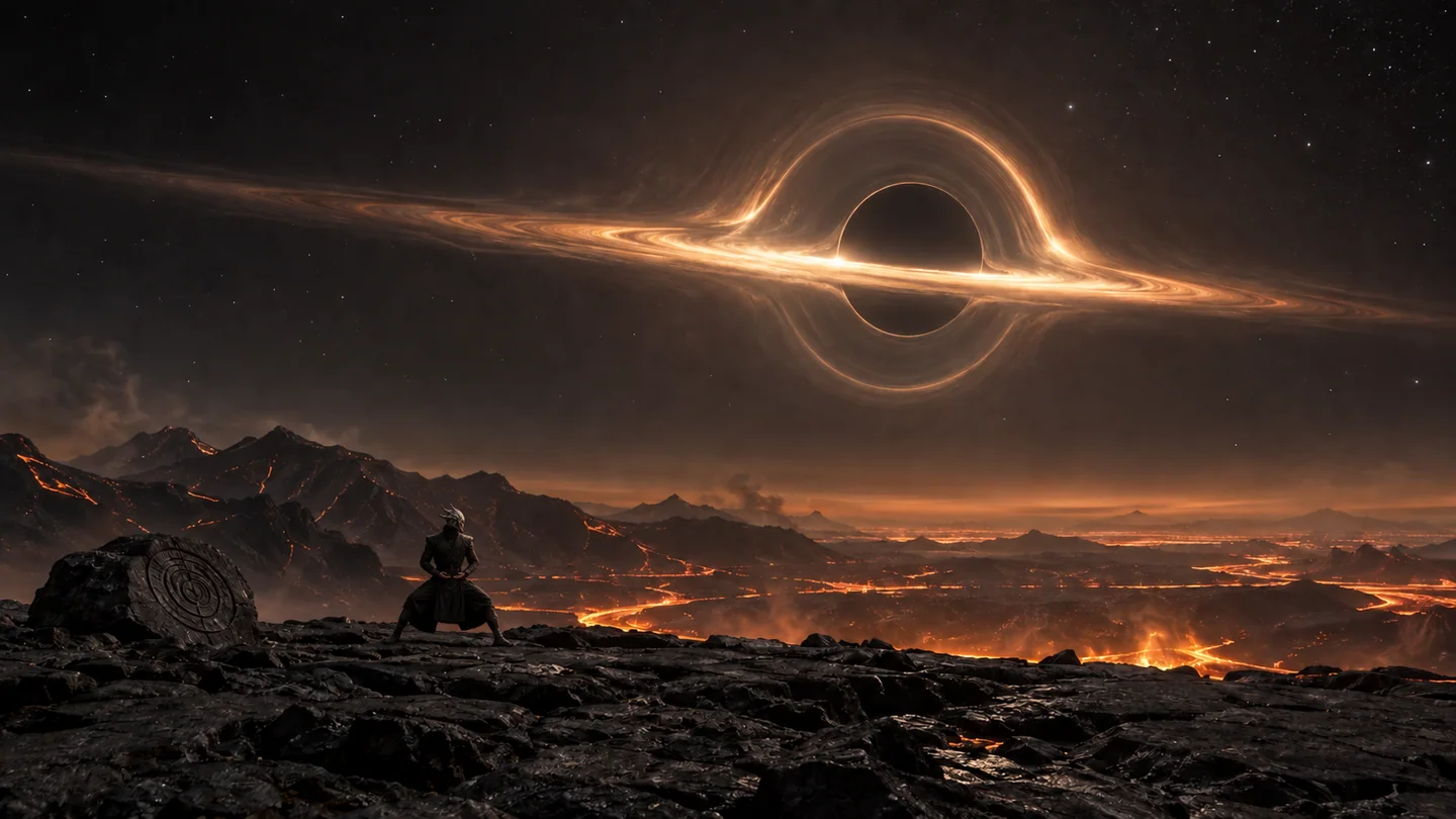 Vhar, the black hole, its mass, the surface and the warrior are hypothetical. An illustrative nonrotating black hole of one billion solar masses has a Schwarzschild radius of about 19.7 AU; at 50 such radii the shadow diameter is of order six degrees. This motivates a compact shadow inside a broader disk, without assigning the scene to a real system. No full relativistic ray trace, accretion luminosity, atmospheric retention, surface energy balance or biological viability has been solved. Lava does not establish the cause of heating.