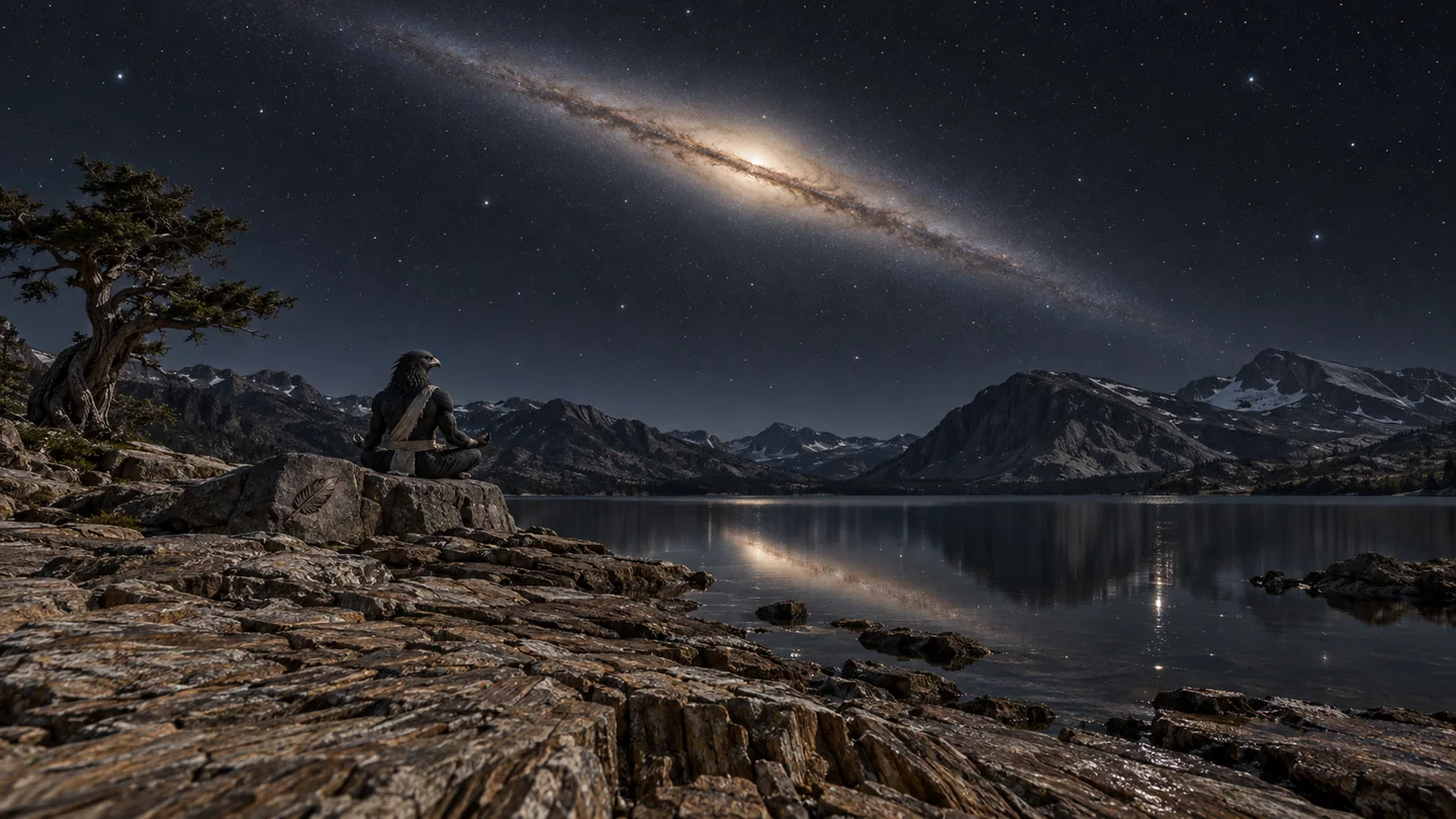 Orith is an invented exterior viewpoint, with no host or planetary assignment to NGC 4565. A 100,000-light-year disk at 160,000 light-years spans about 35 degrees; these are illustrative geometry choices. Long-exposure sensitivity reveals diffuse galactic structure, while separate off-frame illumination supplies terrain detail. The lake, tree, warrior and culture are fictional.